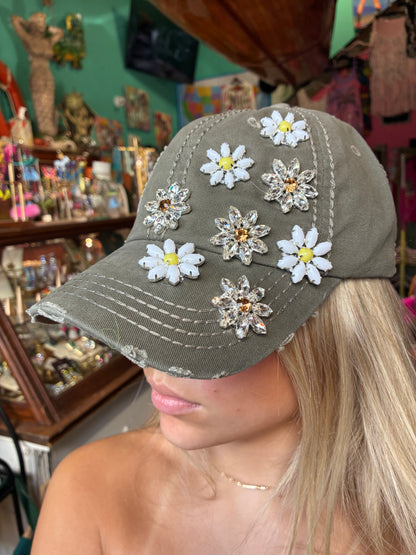 Daisy Bejeweled Bling Distressed Cap, Adjustable Multi colors available