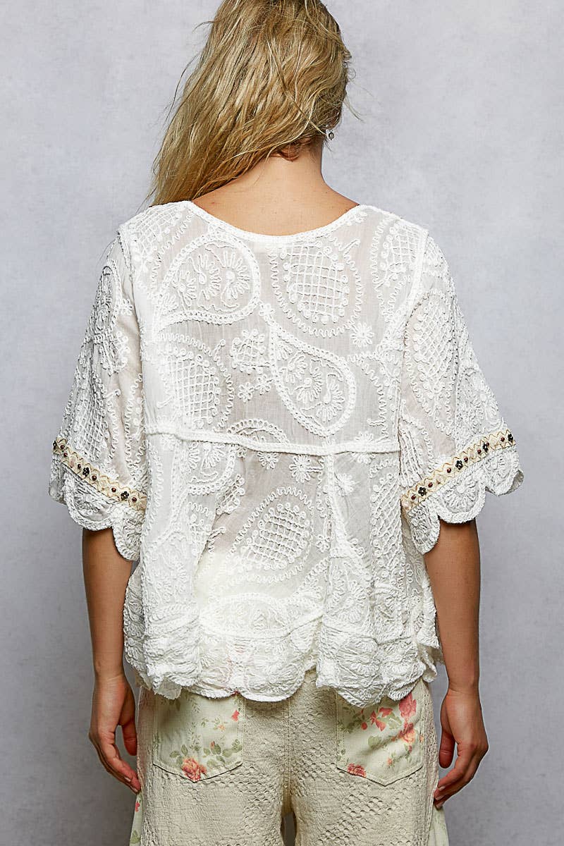 Short Sleeve Adjustable Drawstring Crochet V Neck Top