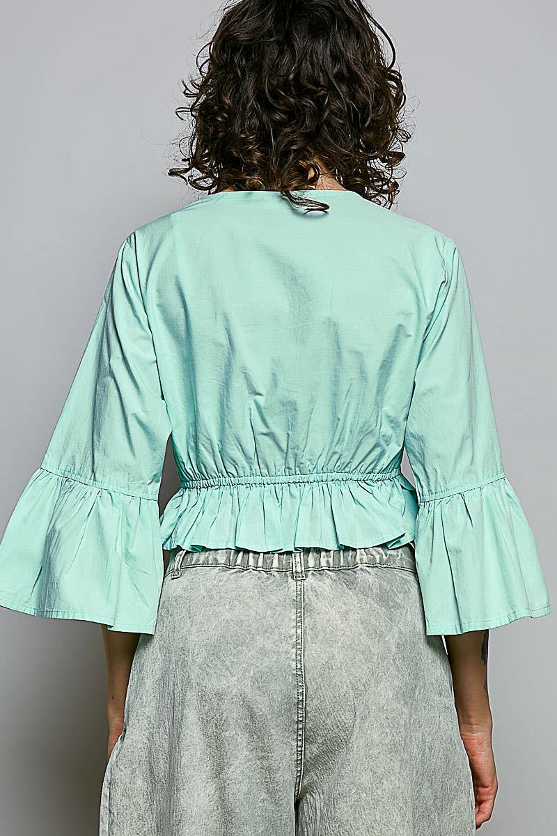 3/4 Sleeve Embroidered Bead Neck Loop Tassel Cotton Top