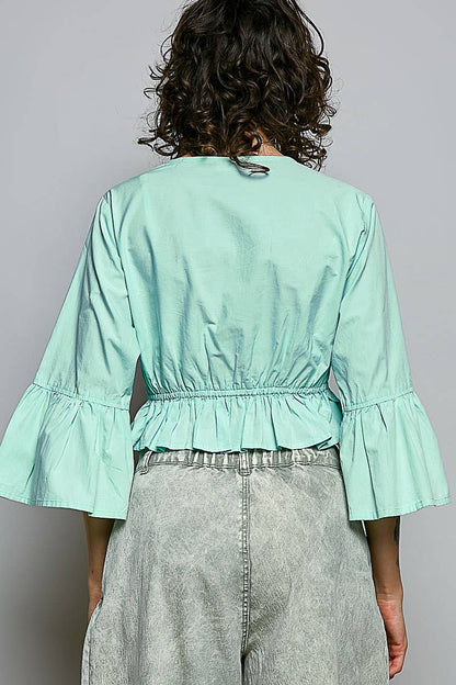 3/4 Sleeve Embroidered Bead Neck Loop Tassel Cotton Top