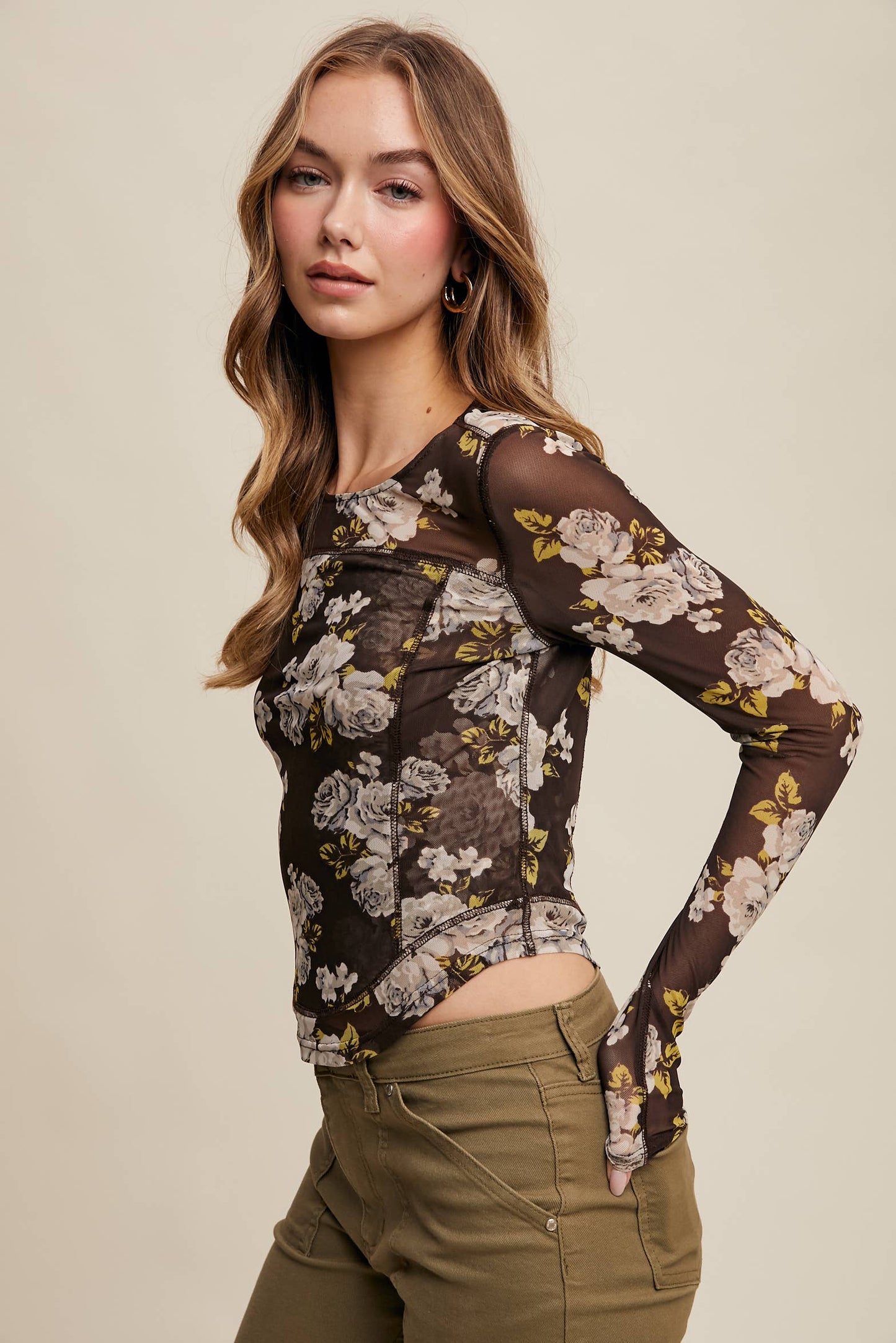 Floral Mesh Long Sleeve Layering Top