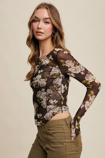 Floral Mesh Long Sleeve Layering Top