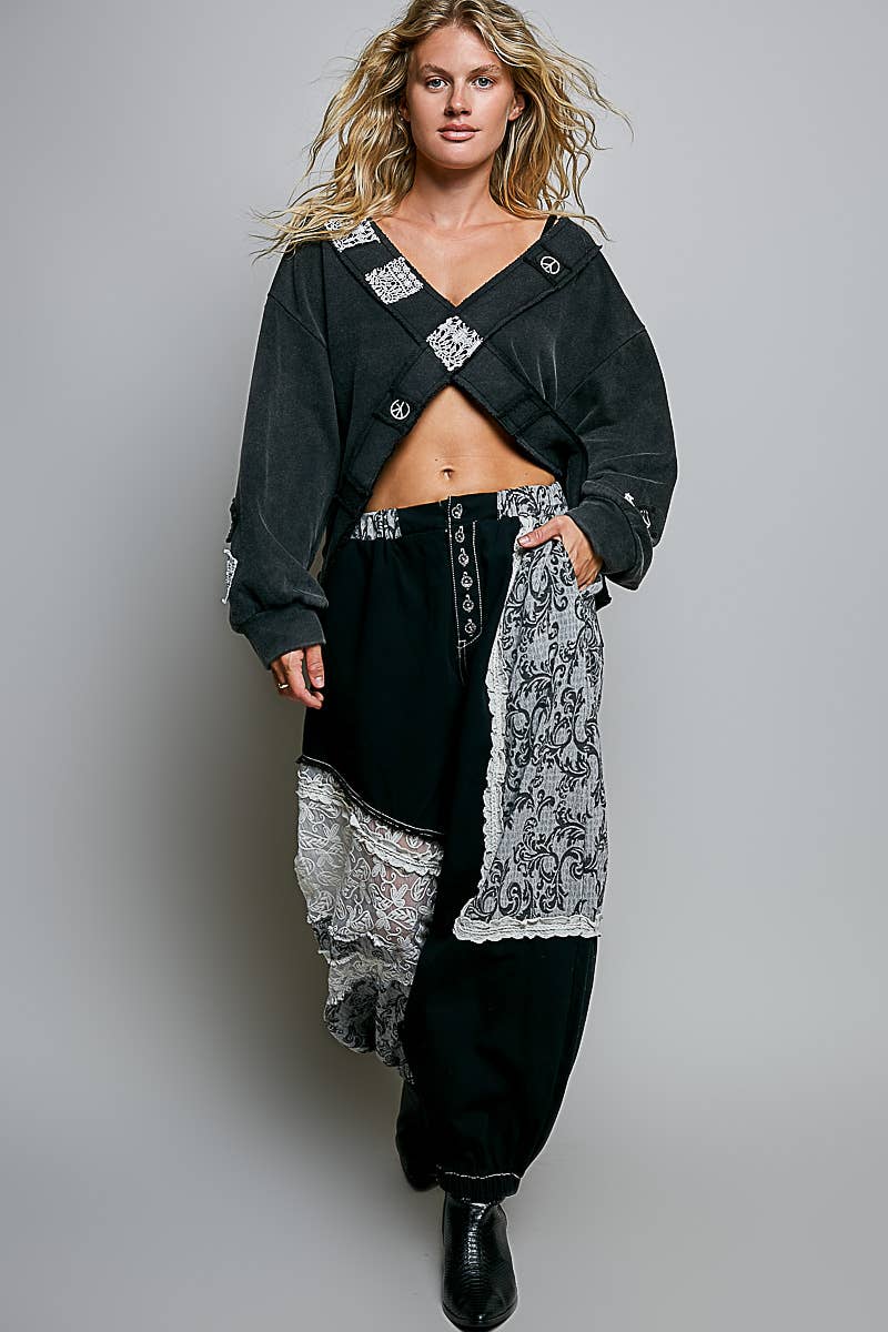 V-Neck Crochet Patch Cross Wrap Cropped Terry Top