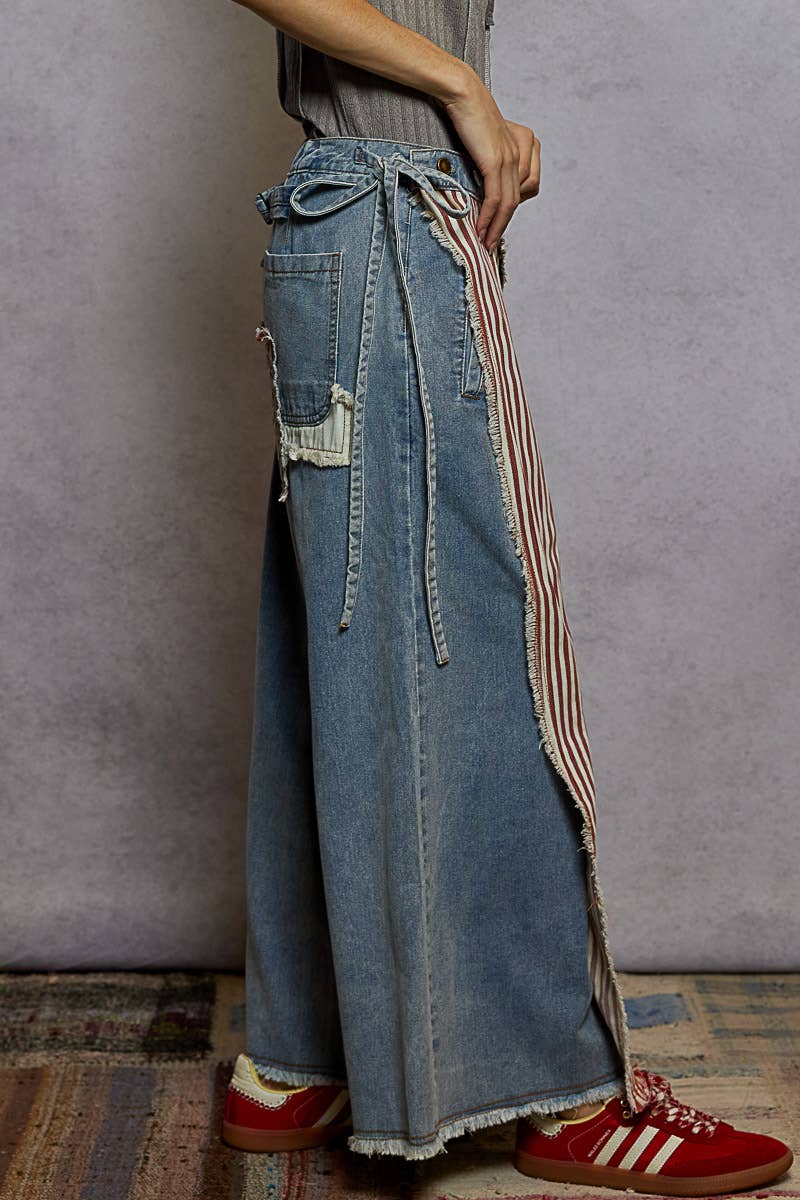 American flag wrapping raw edge camo/solid woven wide pants