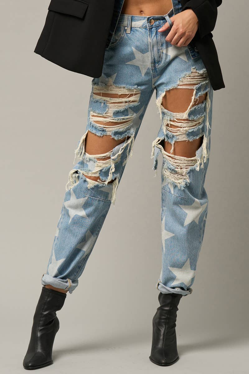High Rise Ripped Star Print Slouch Jeans