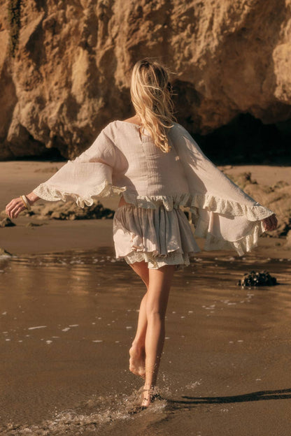 Cotton Gauze and Crochet Lace Ruffle Bell-Sleeve Cropped Top