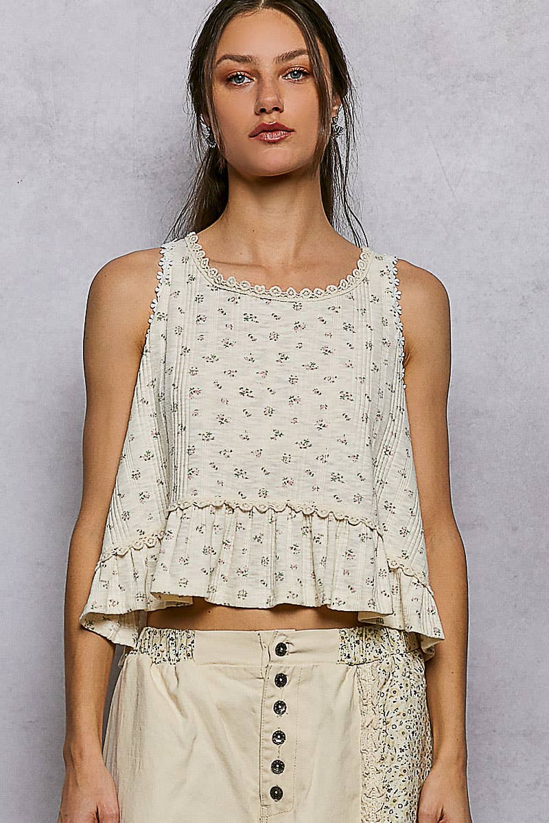 Round Neck Ruffle Hem Trim Detail Floral Sleeveless Top