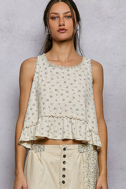 Round Neck Ruffle Hem Trim Detail Floral Sleeveless Top