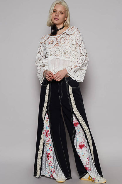 White 3/4 Sleeve Round Neck Eyelet Crochet Top