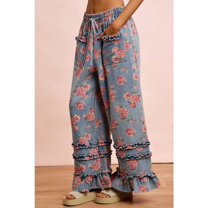 WASHED FLORAL DENIM WITH RUFFLE ELASTIC WIDE PANTS