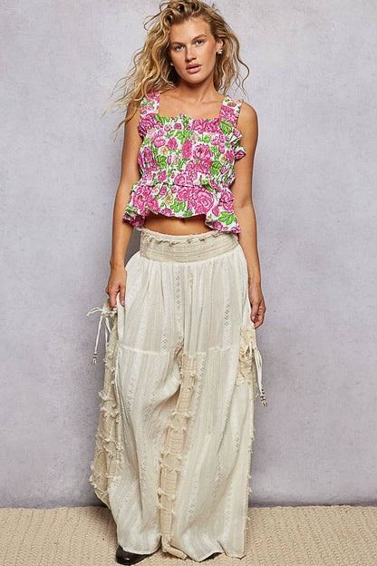 A-Line Elastic Shirring Ruffle Floral Sleeveless Top