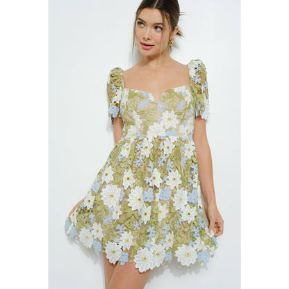 Floral Lace Puff Sleeve Embroidered Mini Dress