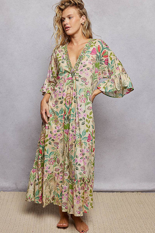 V-Neck Floral Print Bead Trim Boho Maxi Dress