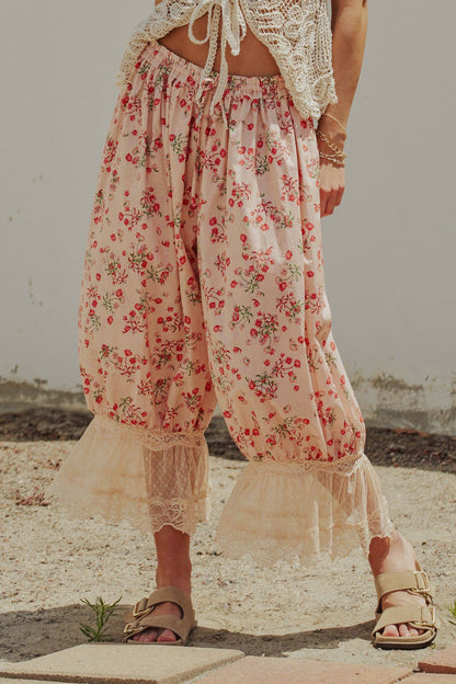 Floral Cotton Lace Hem Balloon Bloomer Pants
