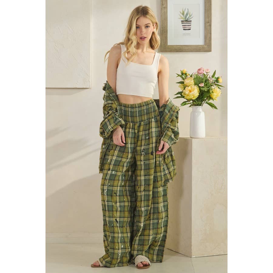 WASHED PLAID SMOCKED WAIST WIDE LEG PANTS