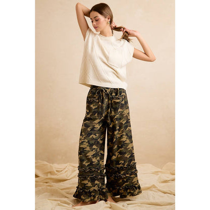 CAMOUFLAGE PRINTED TWILL RUFFLED DETAIL WIDE PANTS