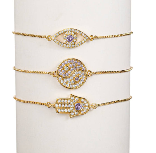 Yin & Yang, Hamsa, Eye Bracelet - Purple
