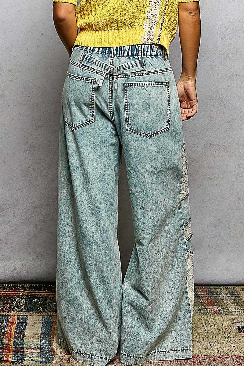 Stud Eyelet Lace Patch Wide Leg Pants