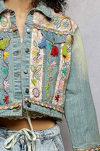 Floral Embroidery Lace Trim Tassel Denim Jacket