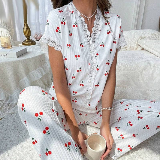 Lace Trim Red Cherry  Lounge Pajama Set