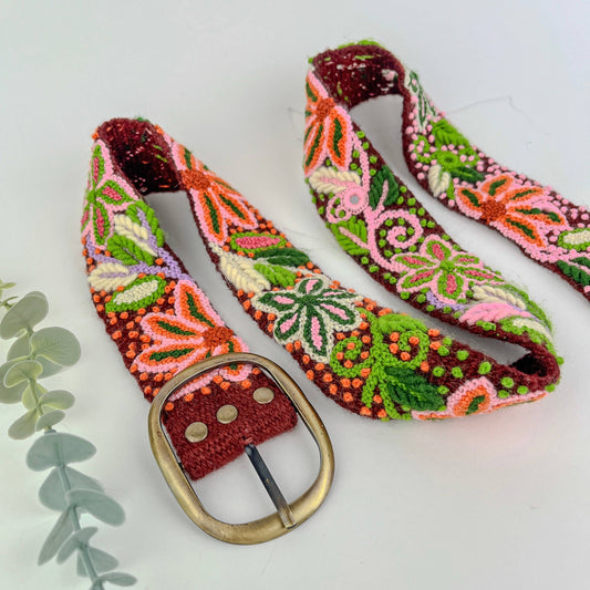 Burgundy Amaryllis Wide Embroidered Belt