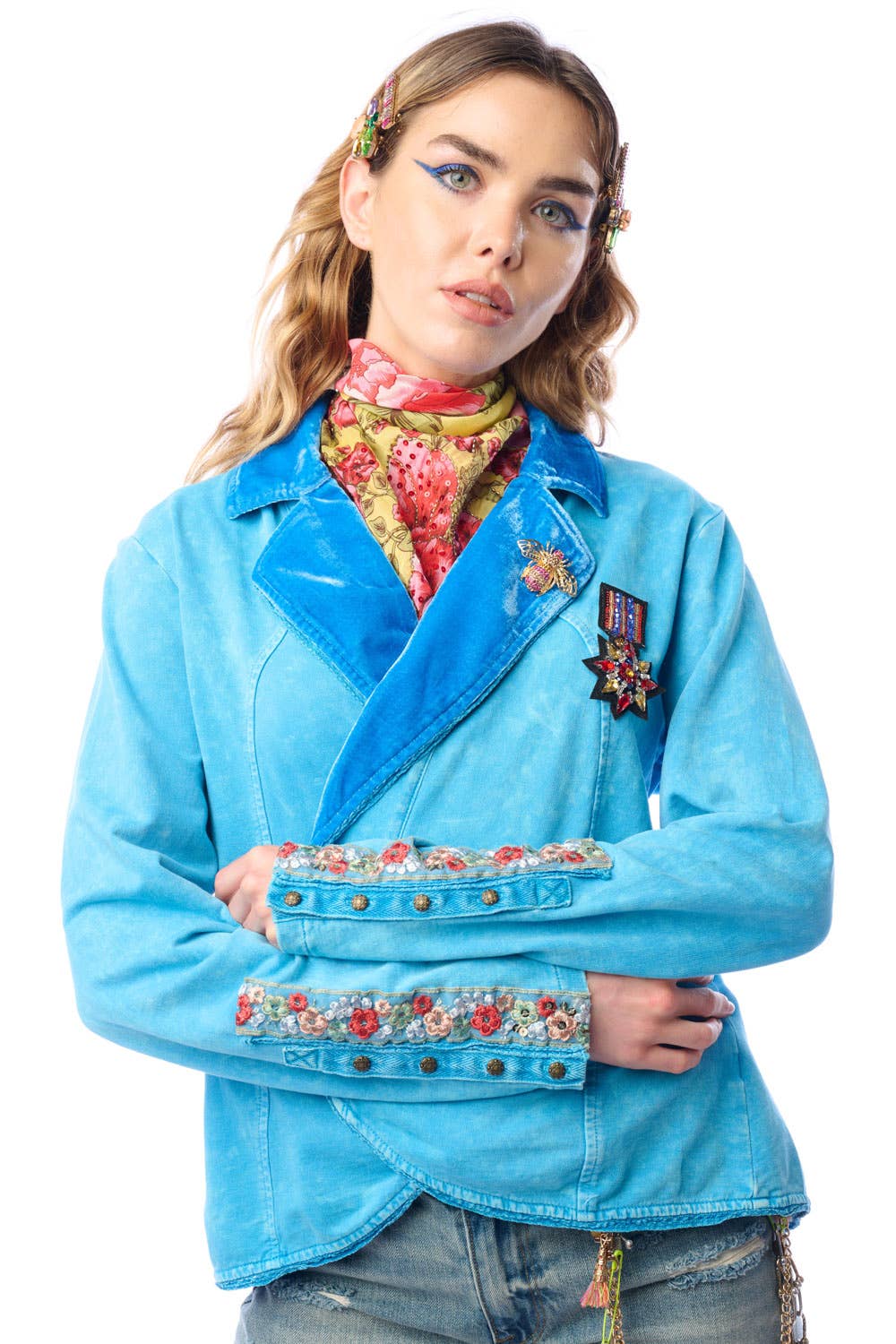 Vintage Teal Colonel French Terry Knitted Jacket - Blazer