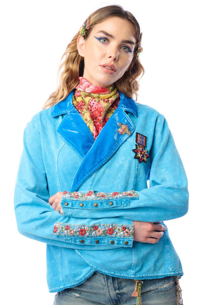 Vintage Teal Colonel French Terry Knitted Jacket - Blazer