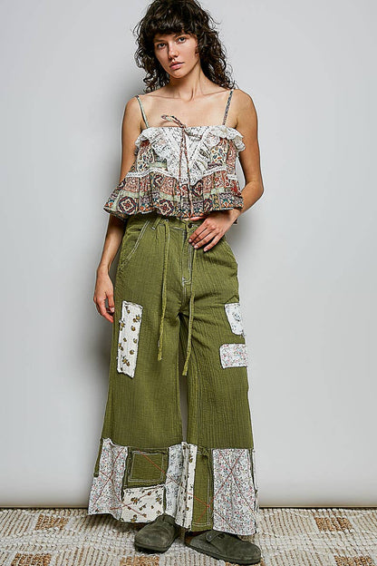 Lace Ruffles Ribbon Tie Cropped Floral Sleeveless Top