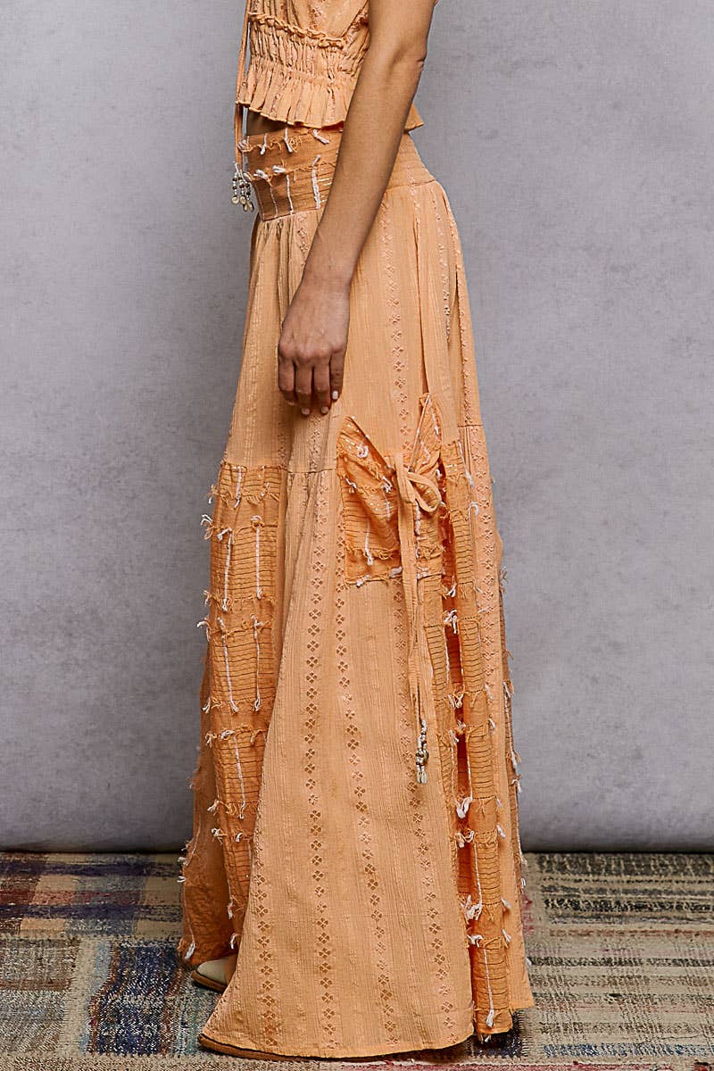 Boho Ruffle Contrast Shell Trim Wide Leg Pants