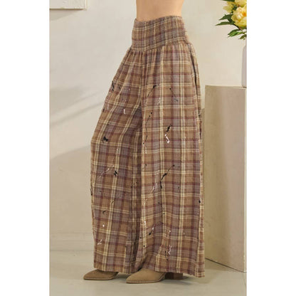 WASHED PLAID SMOCKED WAIST WIDE LEG PANTS
