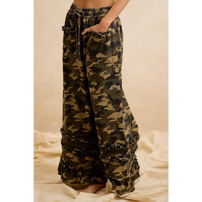 CAMOUFLAGE PRINTED TWILL RUFFLED DETAIL WIDE PANTS