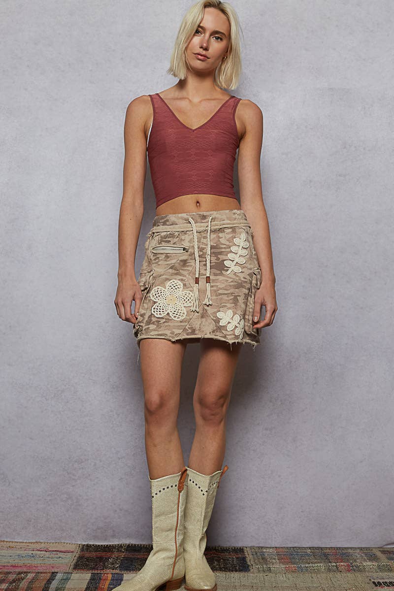 Camo cargo pockets crochet mini skirt