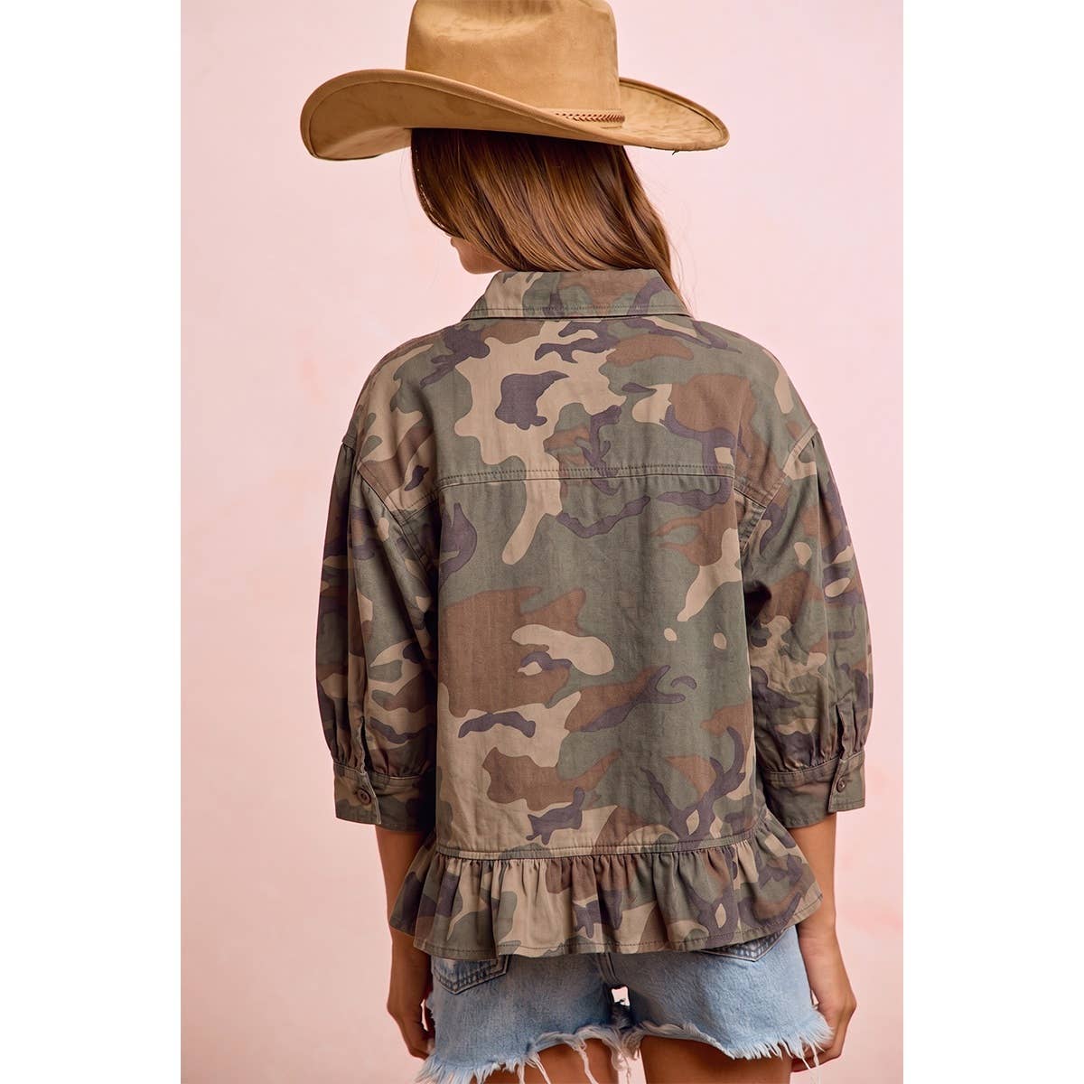 CAMO PRINTED RUFFLED HEM BUTTON DOWN BLOUSE