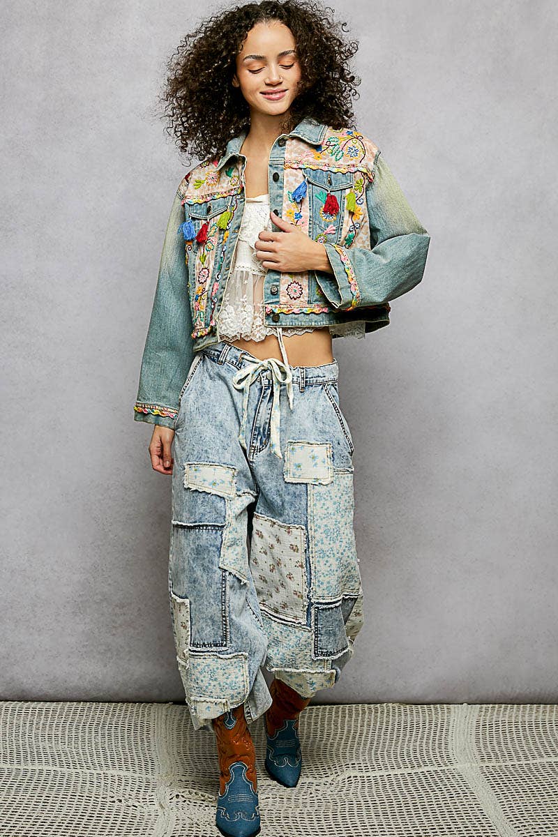 Floral Embroidery Lace Trim Tassel Denim Jacket