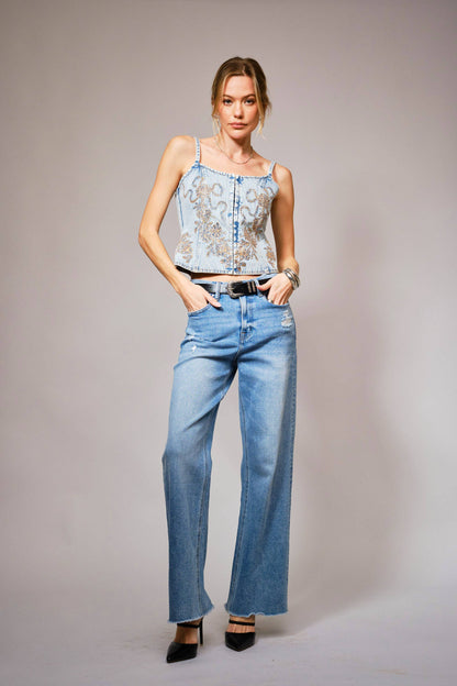 Sequin Bow Embroidered Denim Corset Top