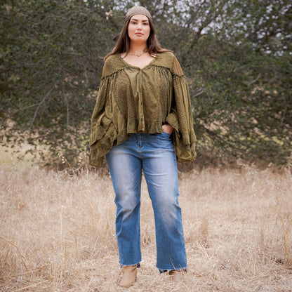 Dreamy Sheer V-Neck Ruffled Button-Front Top