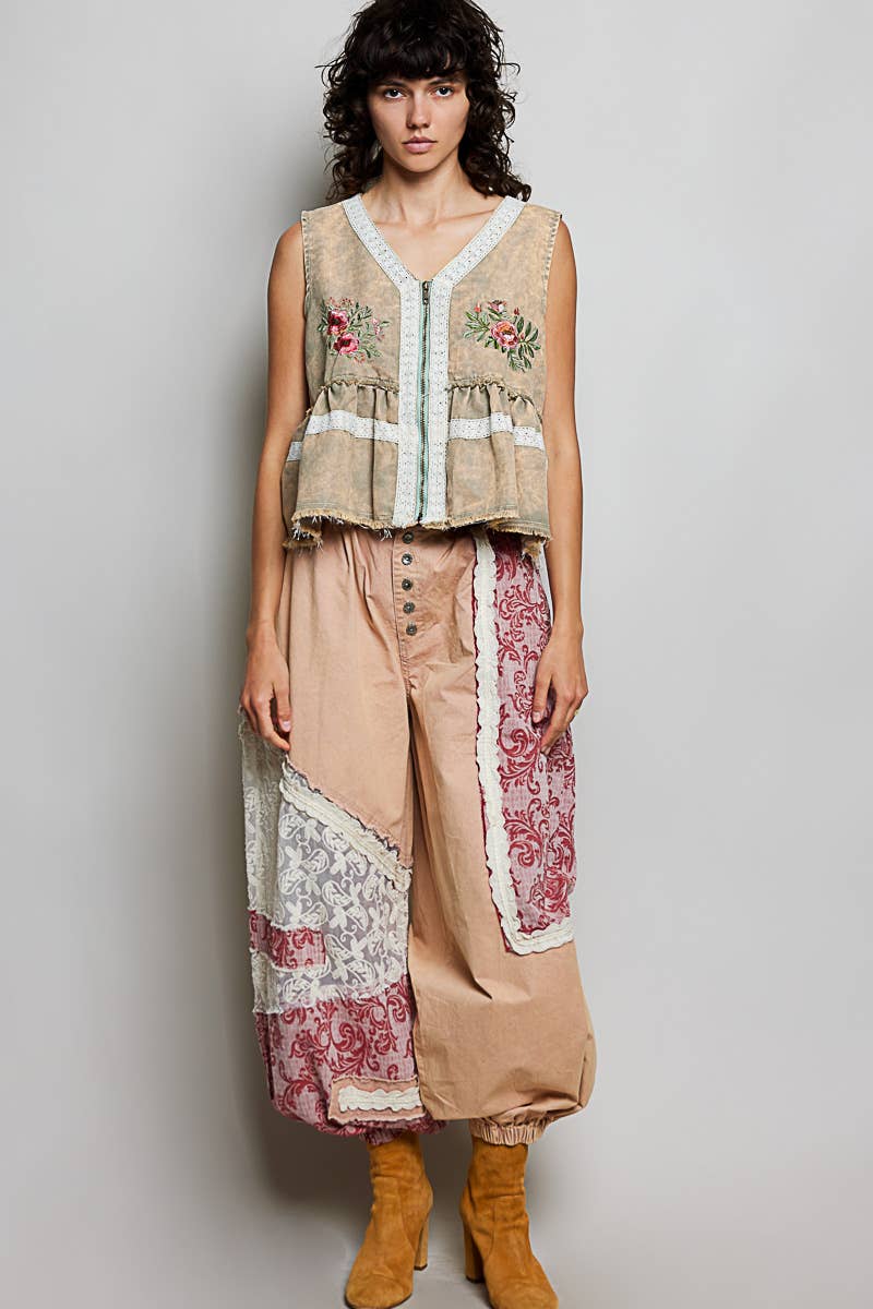 Embroidered Raw Edge Vintage Washing Twill Vest Jacket Top