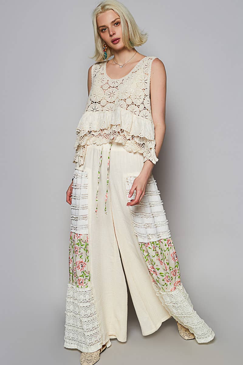Round neck ruffle embroidered eyelet crochet top