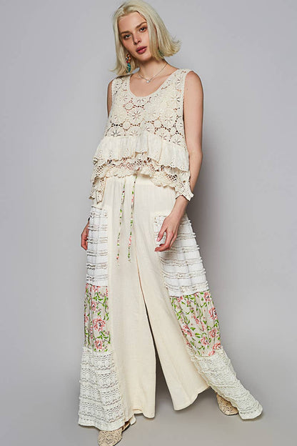 Round neck ruffle embroidered eyelet crochet top