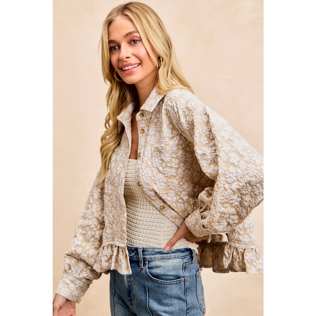 TEXTURED FLORAL PATTERN RUFFLED HEM SHIRT TOP
