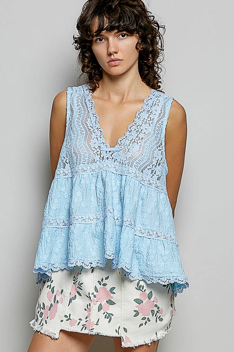 Sleeveless Deep V-neck Lace Trim Knit Top