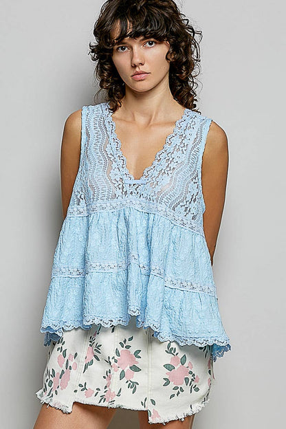 Sleeveless Deep V-neck Lace Trim Knit Top