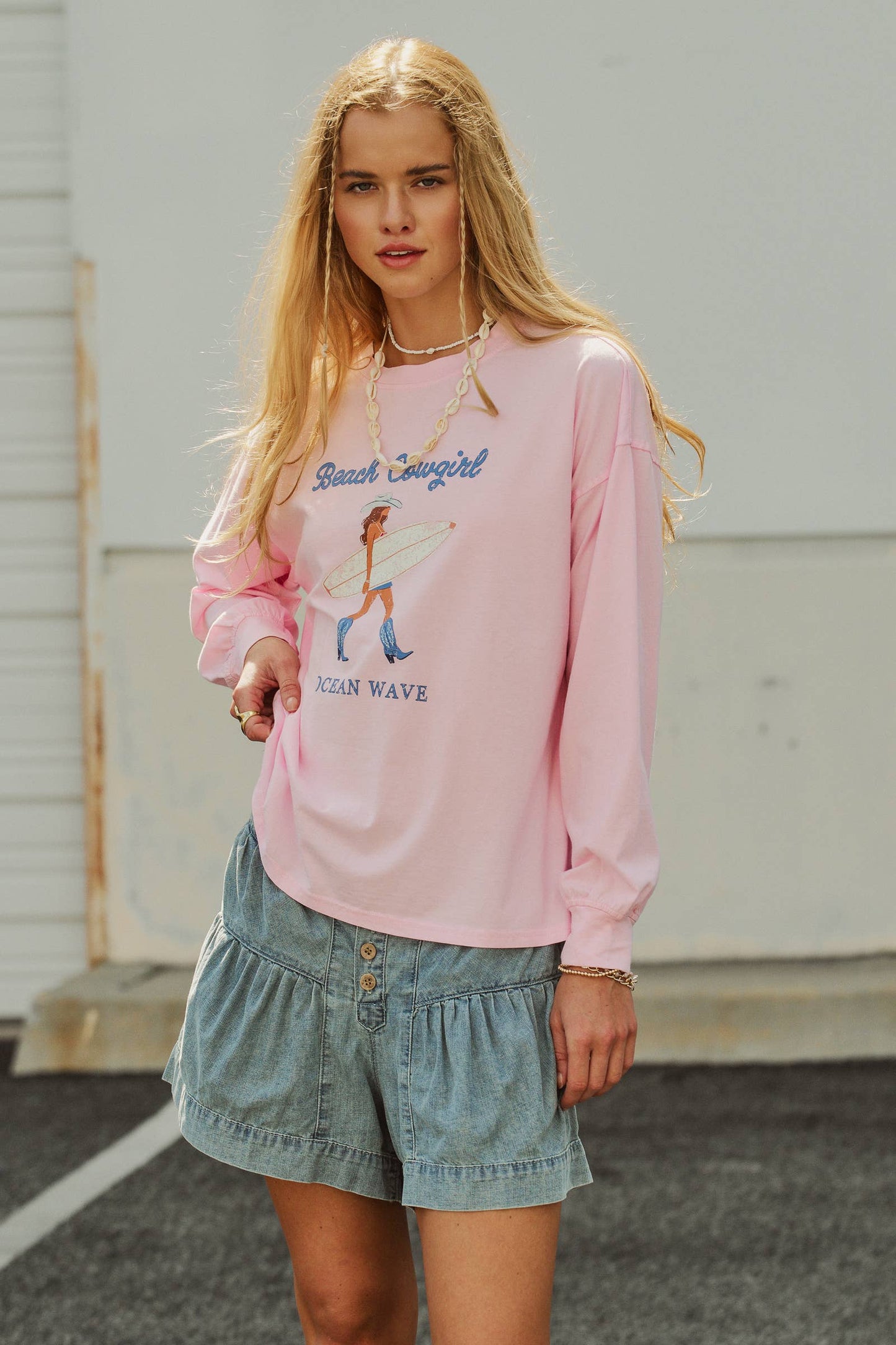 Light Wash Button Fly Gathered Denim Shorts