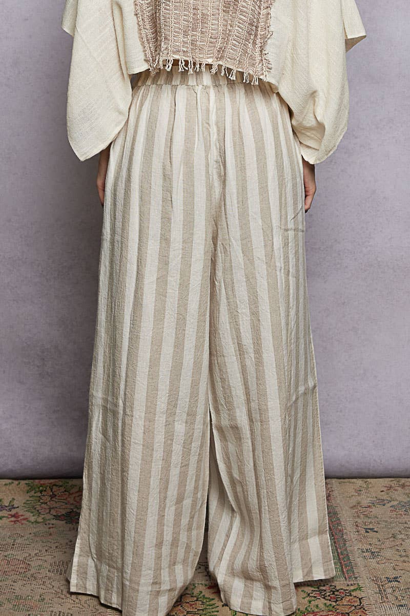 Stripe Elastic Waist Band Linen Wide Pants