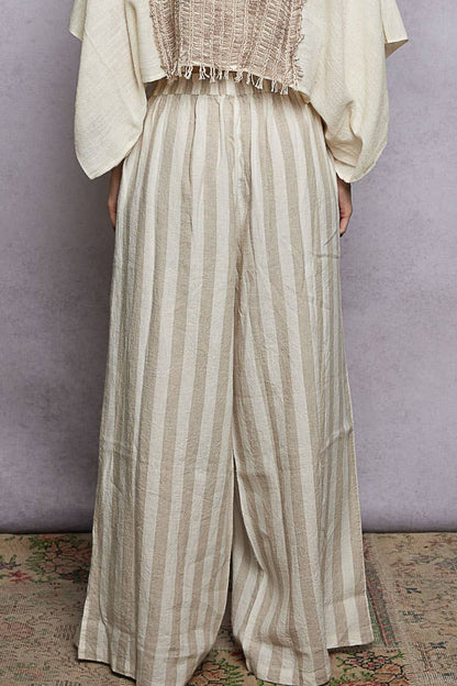 Stripe Elastic Waist Band Linen Wide Pants