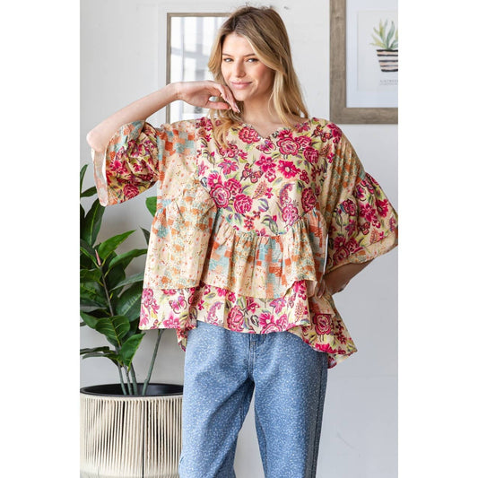 WASHED PRINTED RUFFLE DETAIL BLOUSE TOP