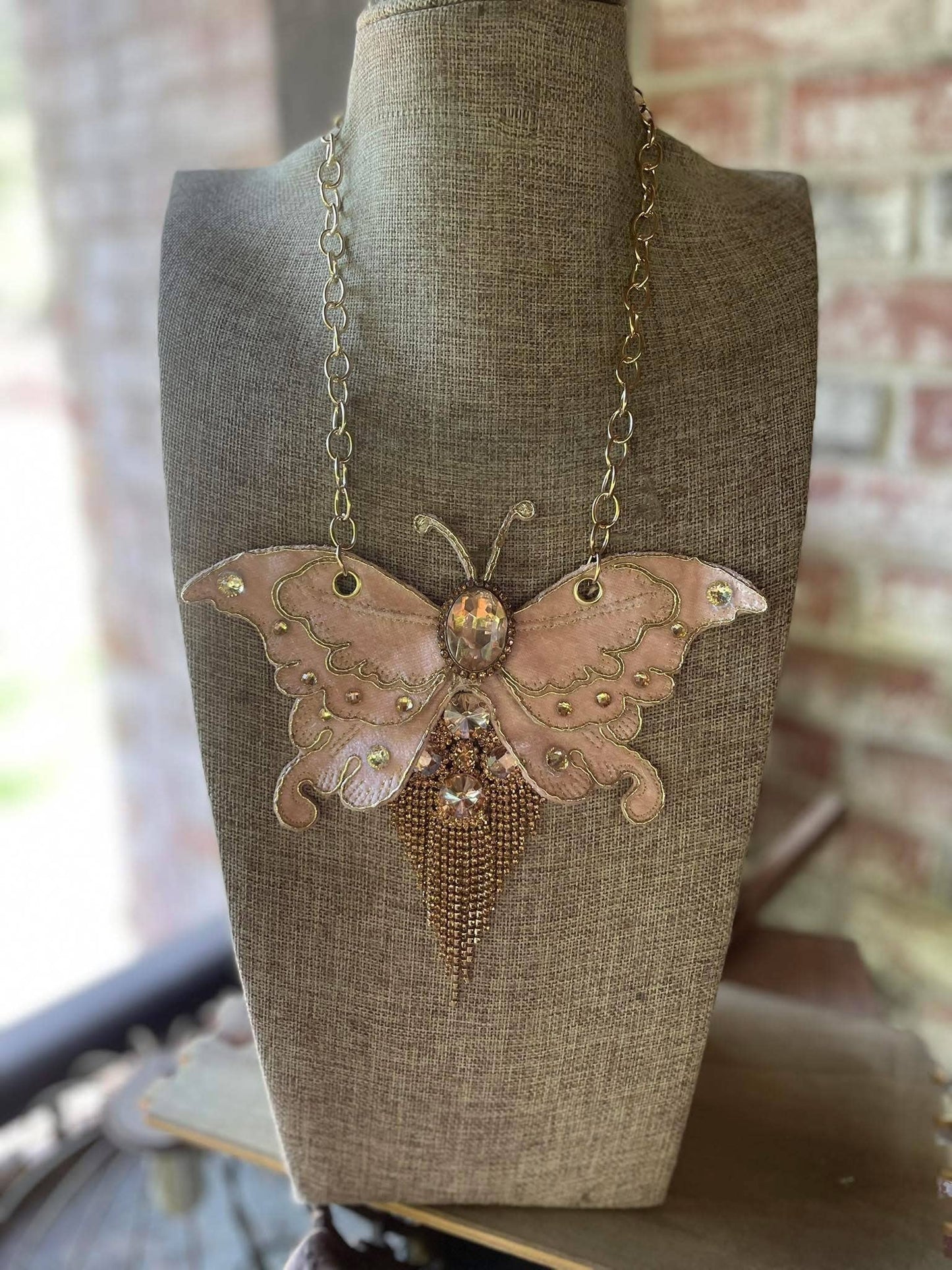 Velvet Butterfly & Rhinestone Fringe Necklace 