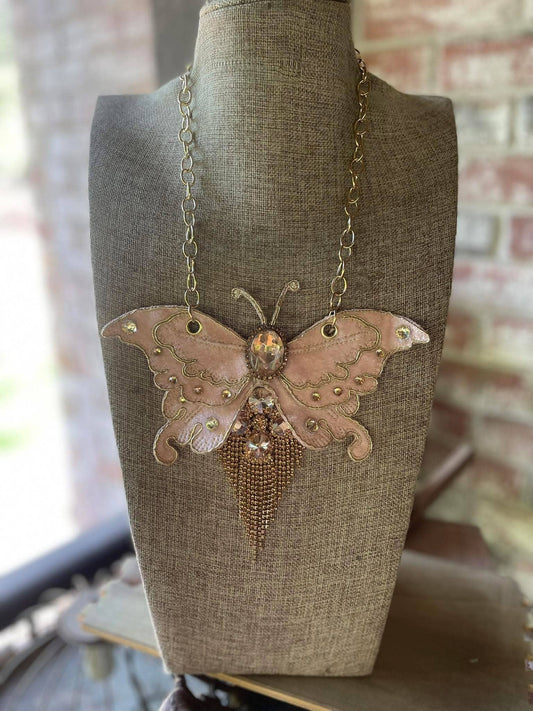 Velvet Butterfly & Rhinestone Fringe Necklace 