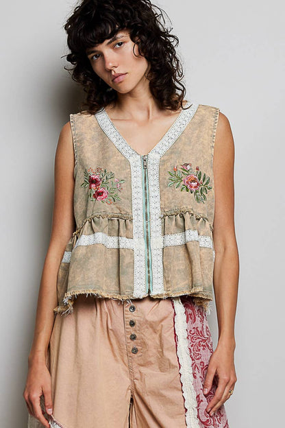 Embroidered Raw Edge Vintage Washing Twill Vest Jacket Top