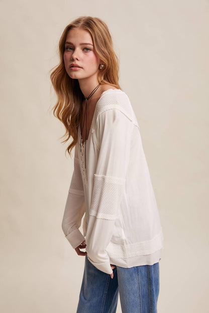 Textured Panel Button Henley Top